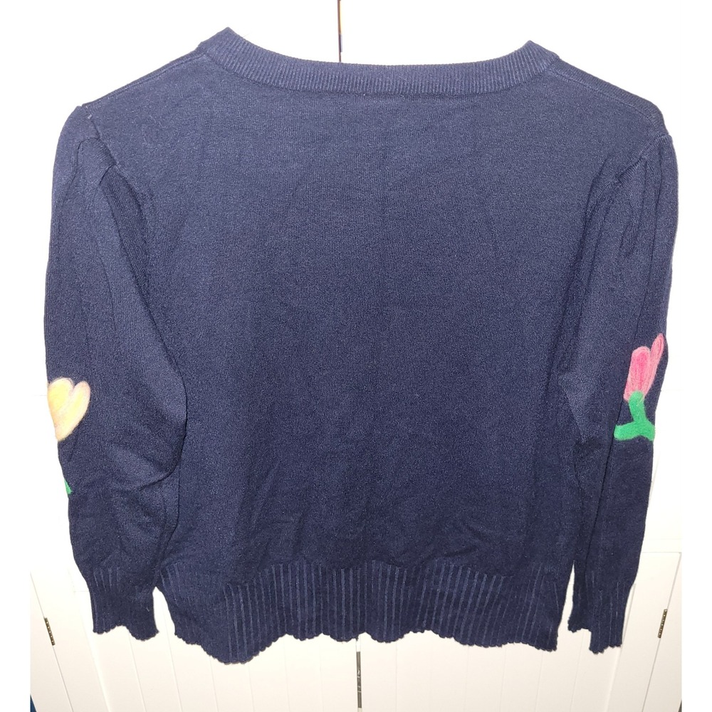 Aaeda Navy Blue Floral Tulip Felted Button Front Cardigan Sweater Womens Medium - Picture 5 of 8